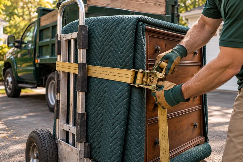 Gloved hands securing a blanket-wrapped dresser to a dolly with a ratchet strap.