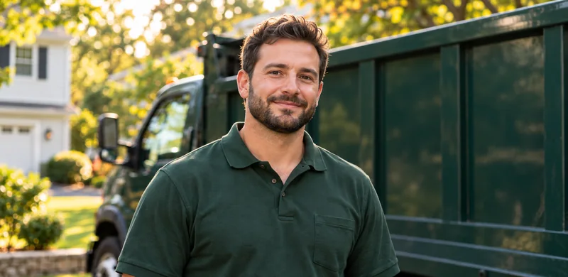 A hauling crew member in a dark green polo beside the truck.