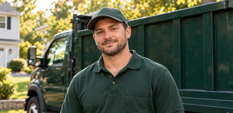 A hauling crew member wearing a green cap and polo beside the truck.