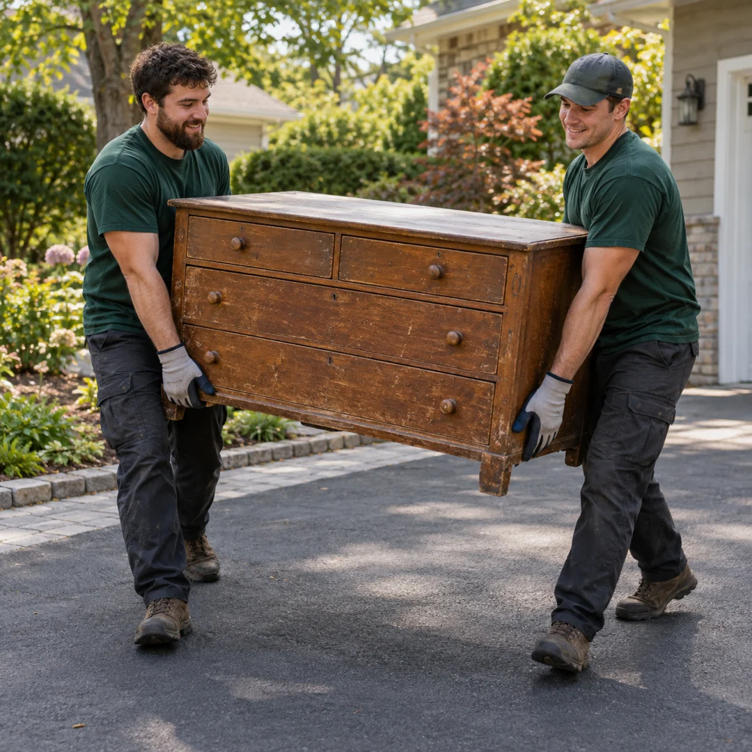 Two hauling crew members carrying a wooden dresser along a driveway.