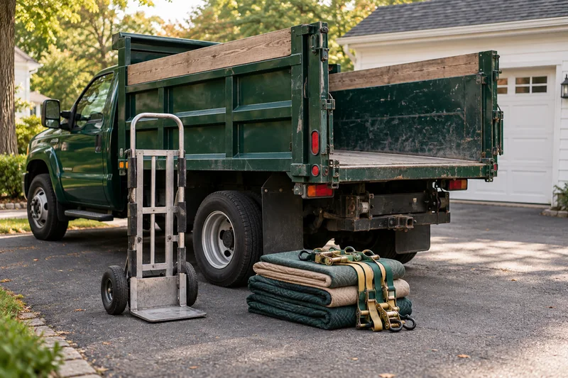 A green hauling truck with a dolly, moving blankets and straps.