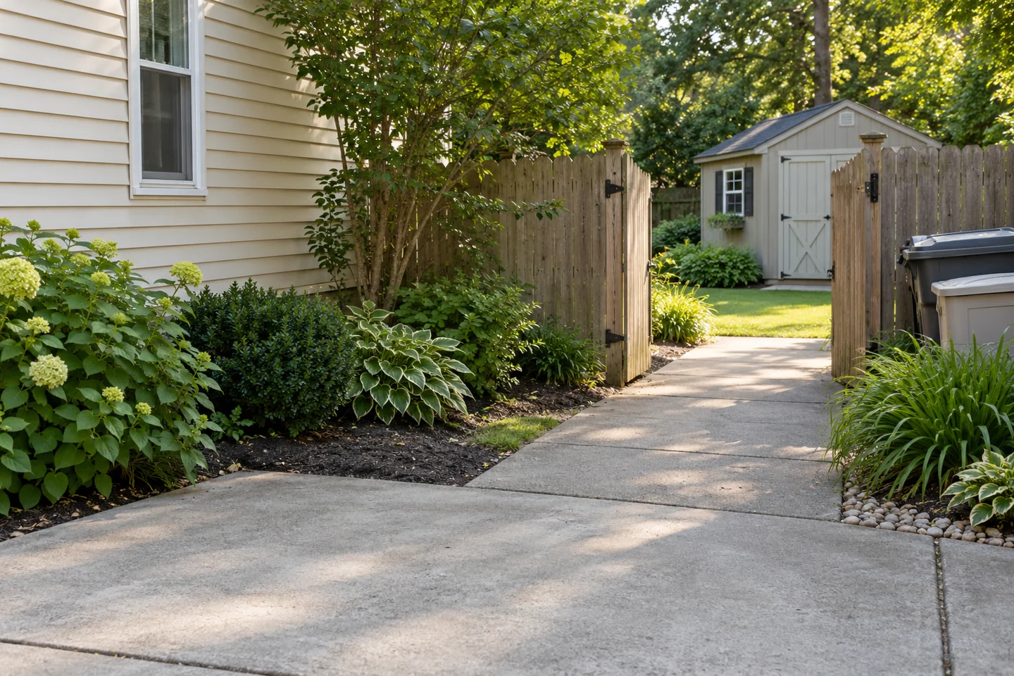 A driveway and clear side path through an open gate to a backyard shed.