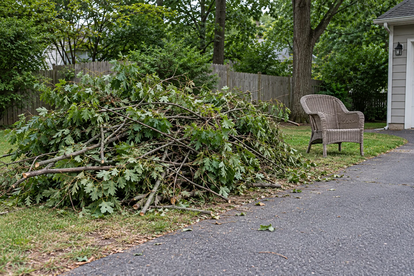 Trimmed branches beside a driveway, with outdoor furniture standing separately.