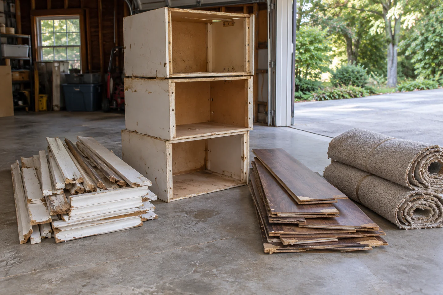 Used flooring, trim, old cabinets and rolled carpet separated beside an open garage.