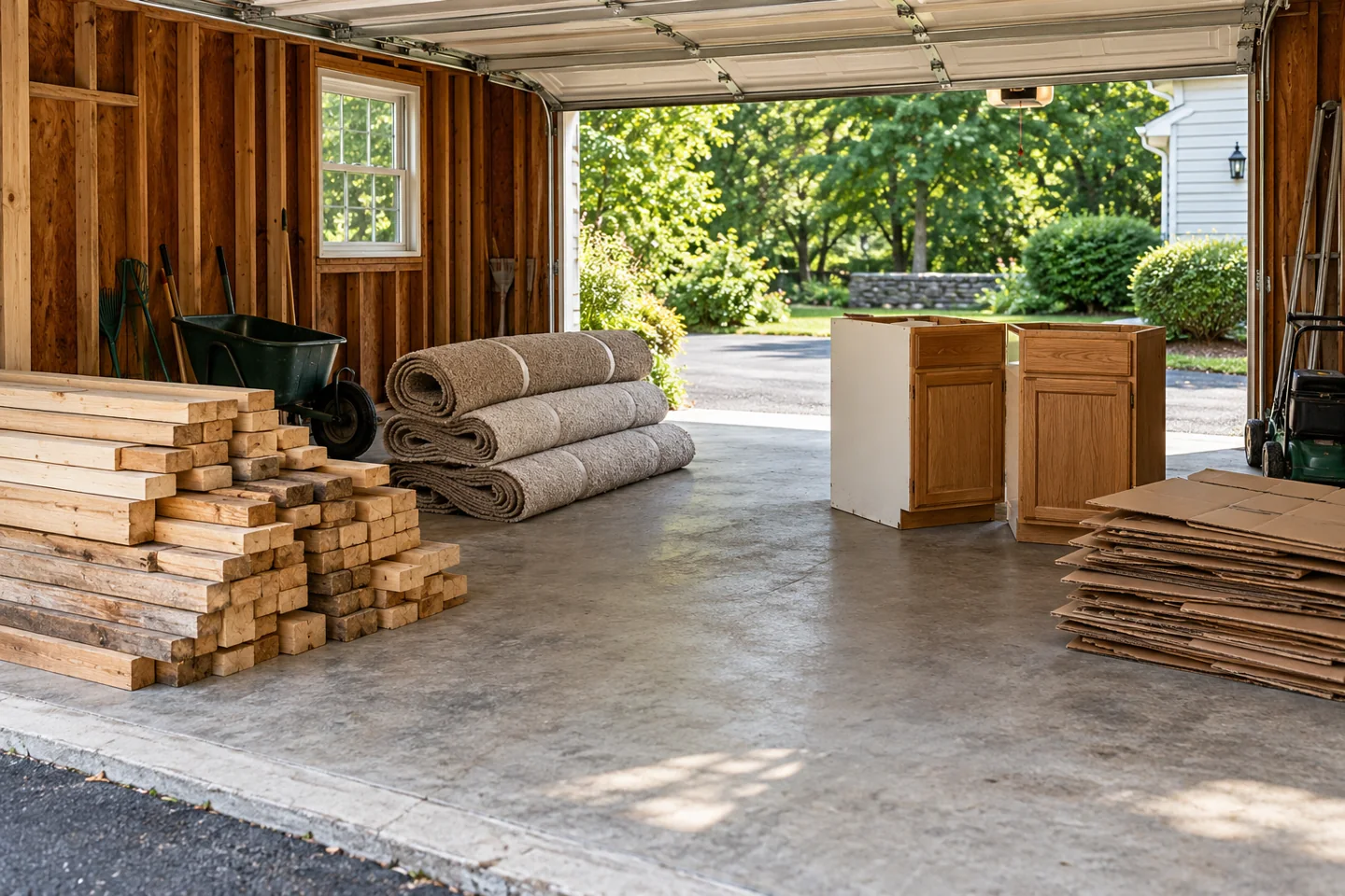Lumber, rolled carpet and old cabinets grouped separately inside an open garage