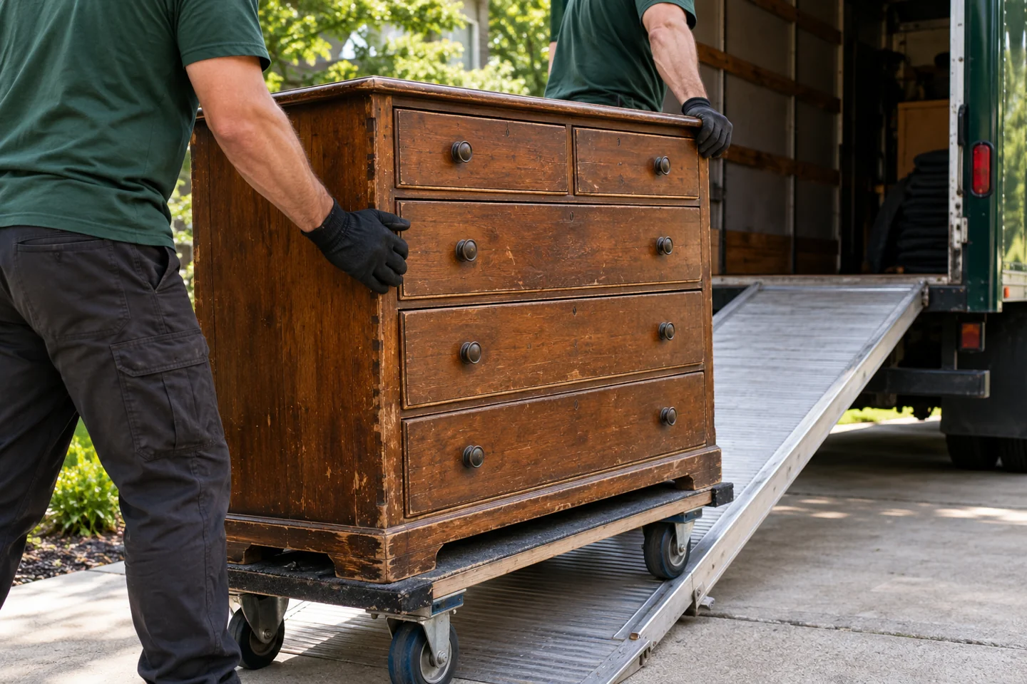Gloved haulers steadying a worn dresser on a dolly beside a truck loading ramp.
