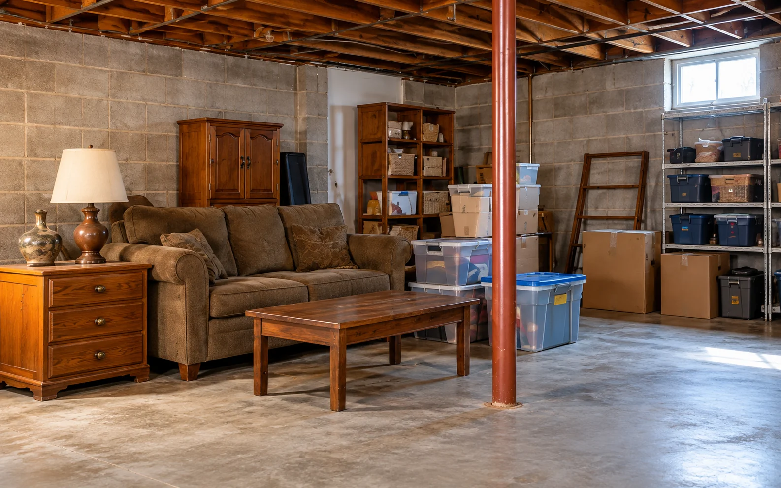 An older sofa, tables and household storage in a basement.