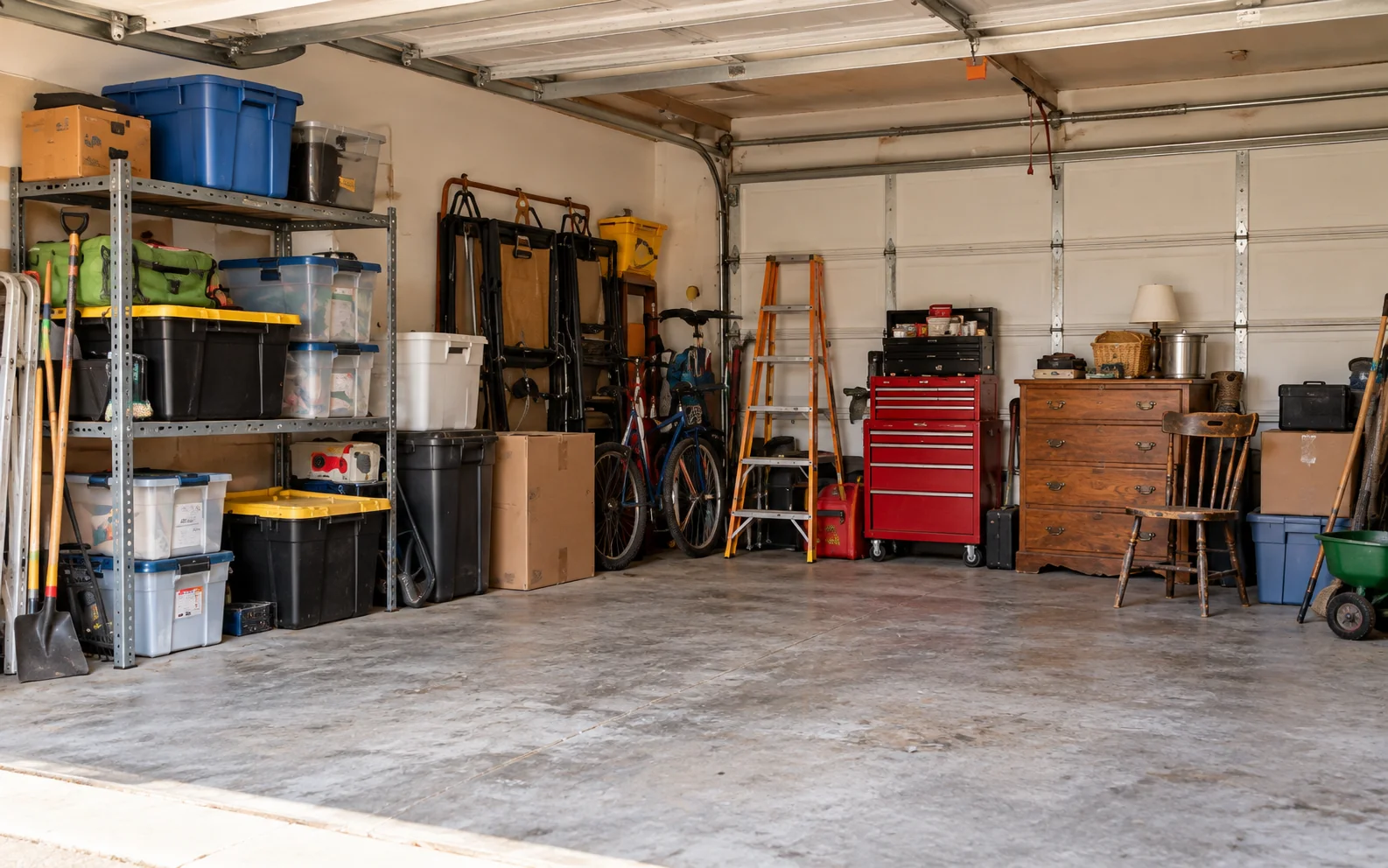 Stored furniture, tools and boxes in a garage.