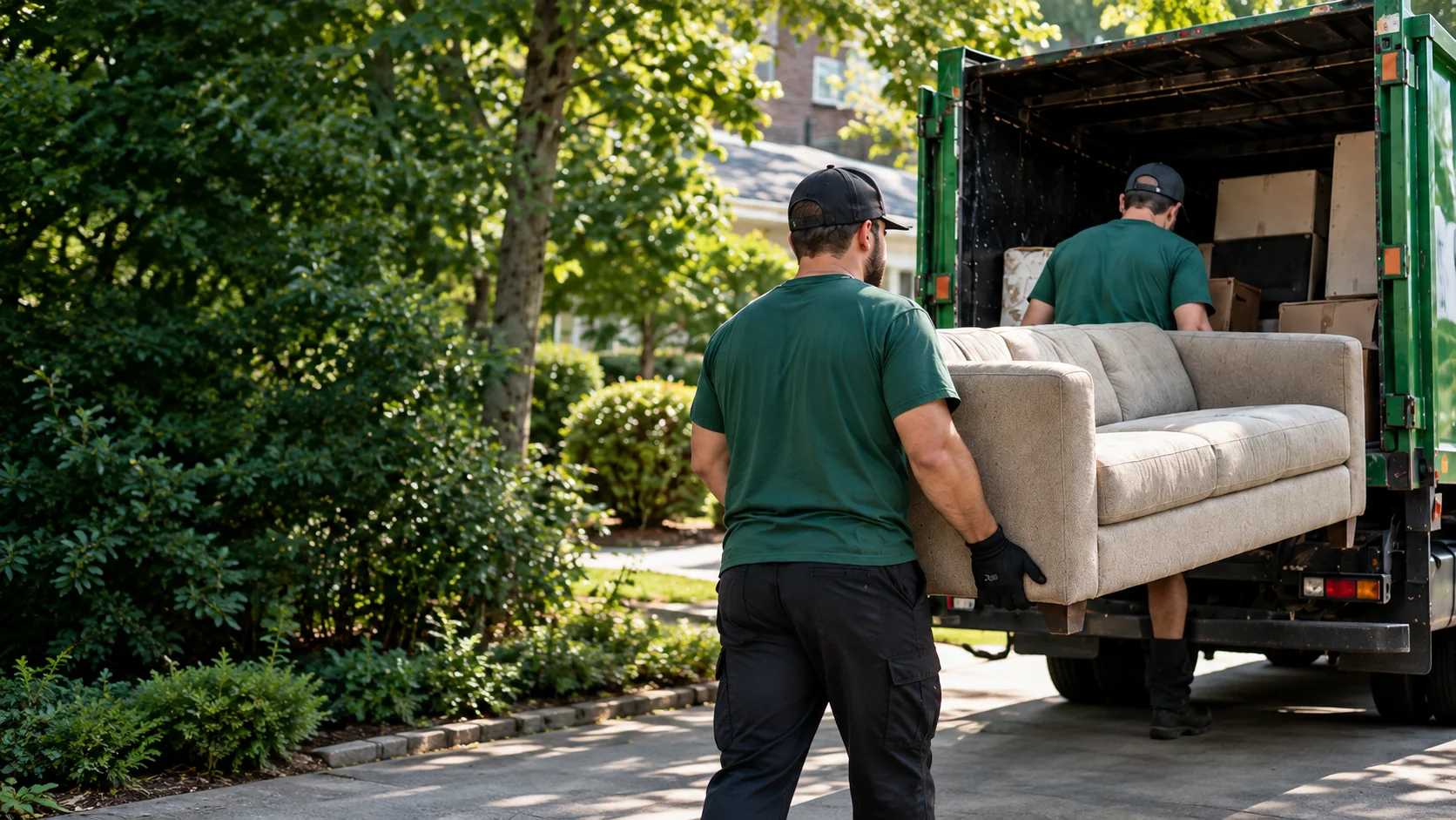 Two haulers loading a sofa into a green truck.