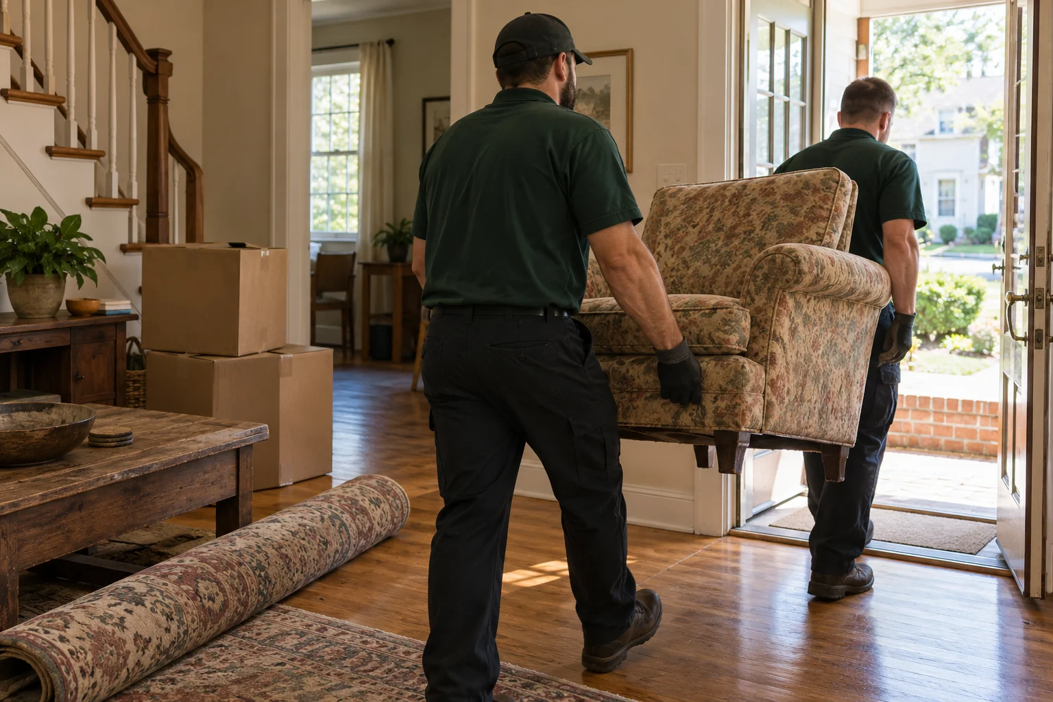 Haulers carrying an armchair through a home.