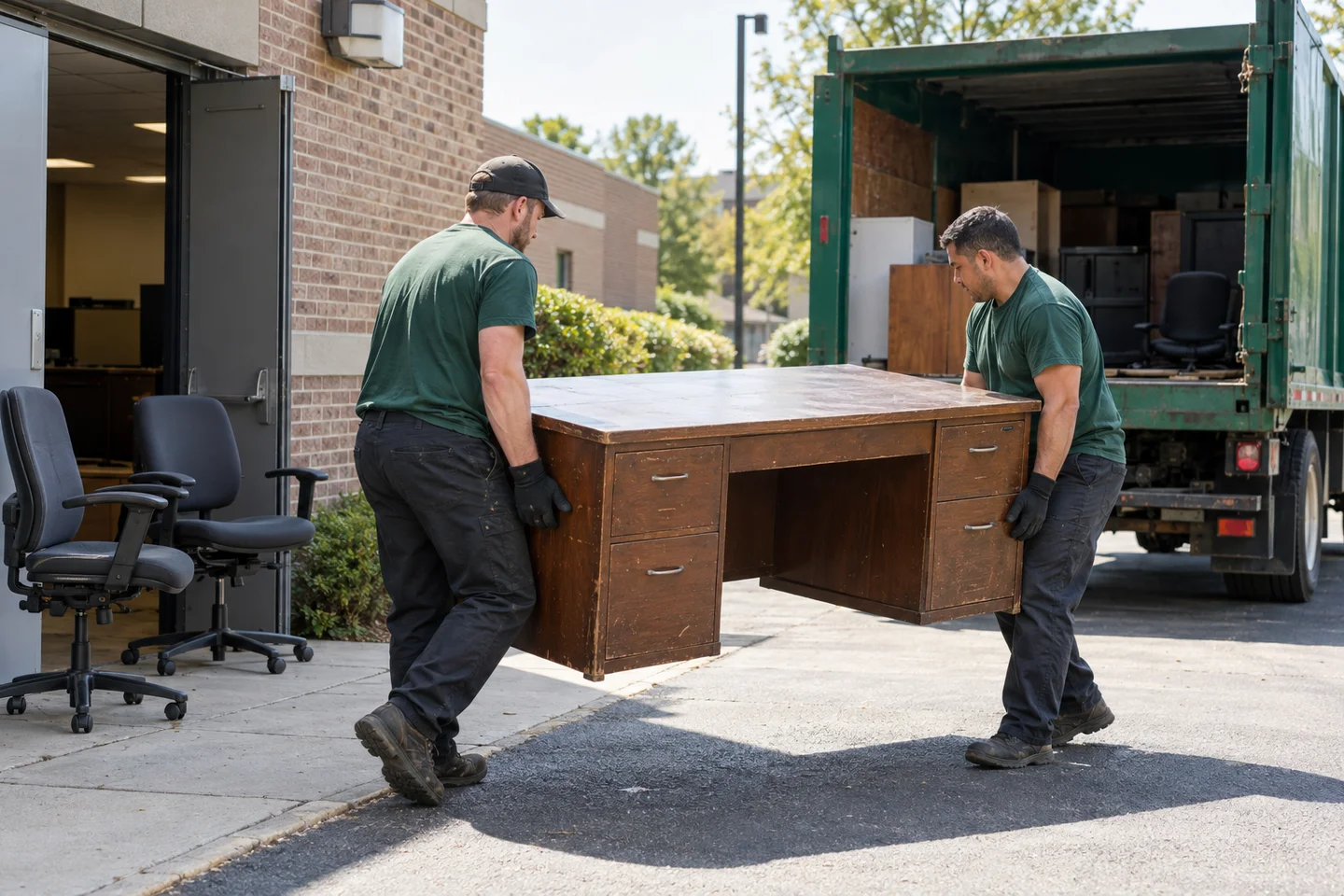 Two haulers carrying a used office desk beside an open green truck.