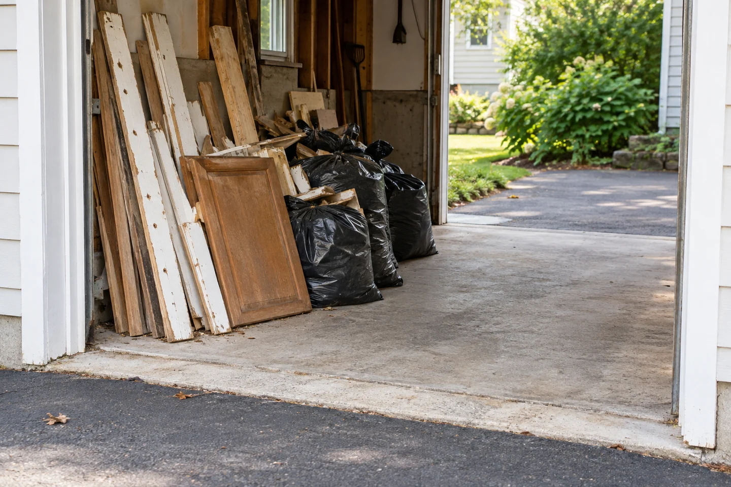 Worn wood trim, a cabinet panel and bagged renovation debris beside a clear garage route to a paved loading area